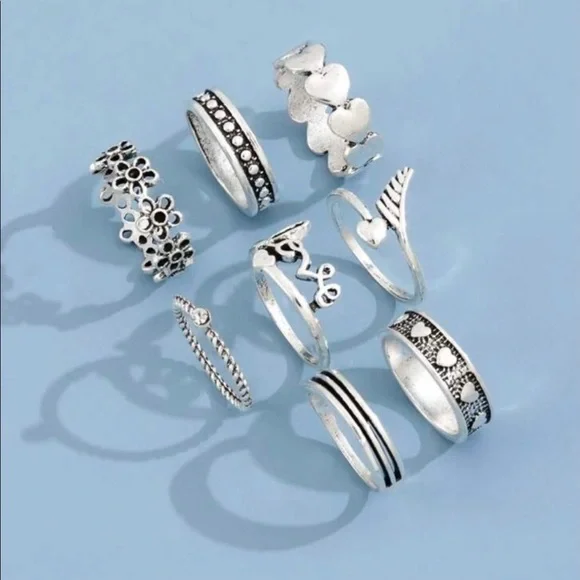 JWR9) New! 8pc Antique Silver Boho Hearts Words flowers Set if 8 Rings - Picture 2 of 5